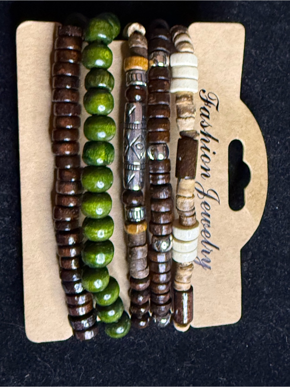 Boho Multistrand Wooden Bead Bracelet Set - Green & Brown